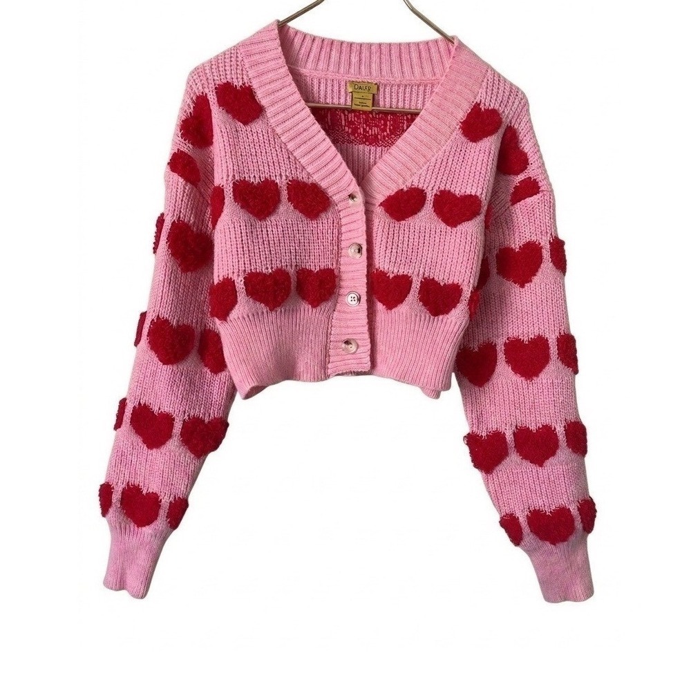 Daisy Pink Heart Cropped Cardigan Sweater Red Textured Hearts V-Neck Small K110